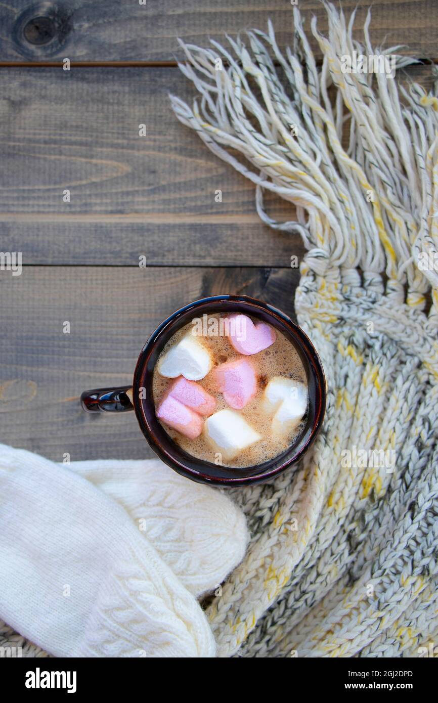 tazza con cioccolata calda e marshmallows a forma di cuore. bevanda calda su tavola di legno e sciarpa a maglia con guanti. fuoco morbido Foto Stock