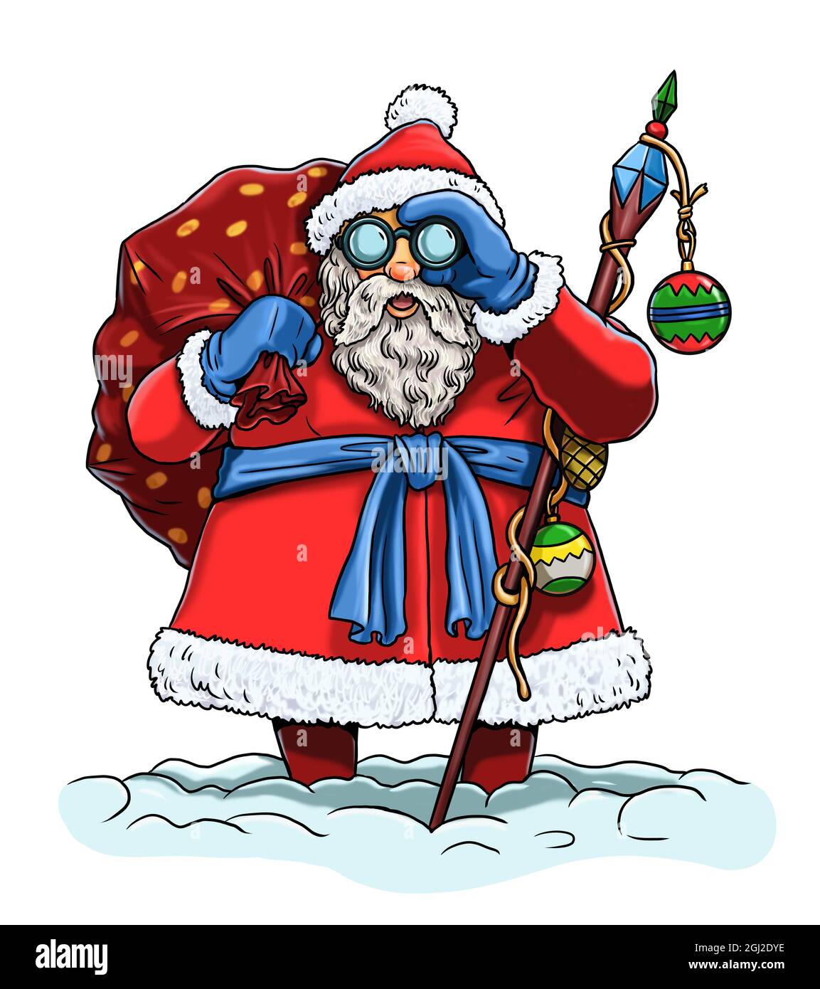Divertente Babbo Natale con binocolo. Felice Anno Nuovo. Illustrazione di Natale. Foto Stock