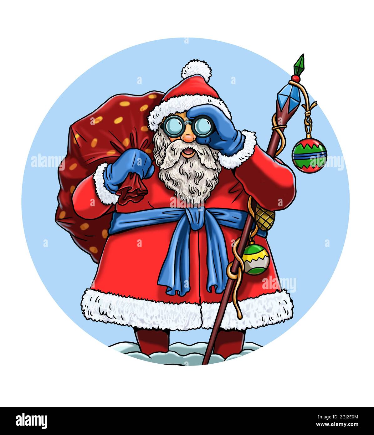 Divertente Babbo Natale con binocolo. Felice Anno Nuovo. Illustrazione di Natale. Foto Stock