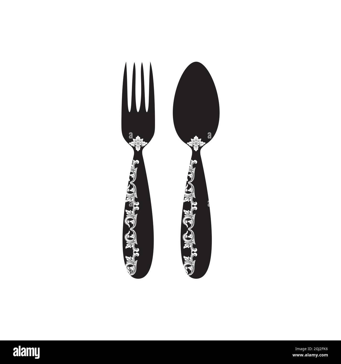 Logo a cucchiaio e forchetta con motivo di scultura balinese Illustrazione Vettoriale