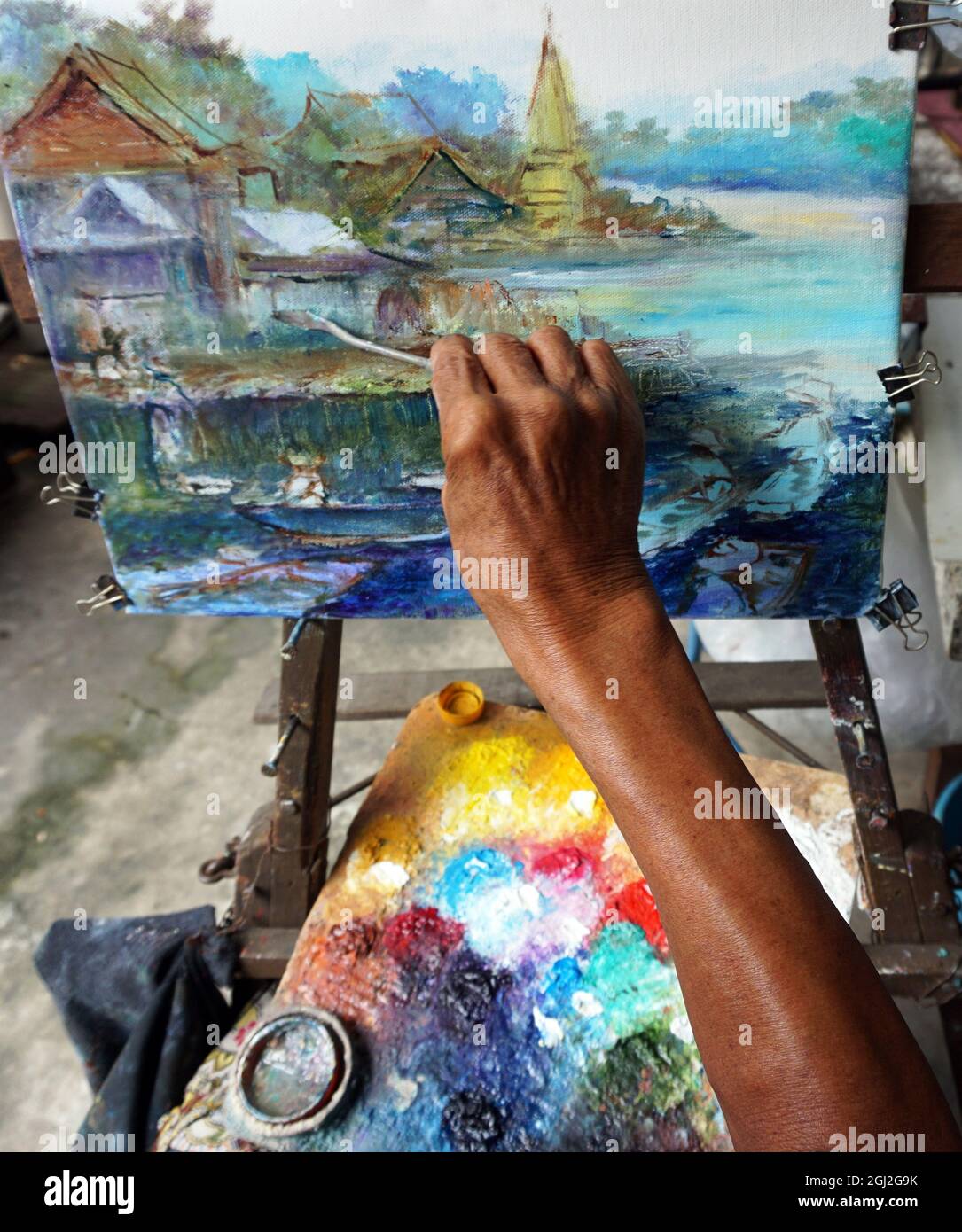 Dipinto ad olio Thailandia Campagna montagna , mercato galleggiante Foto Stock