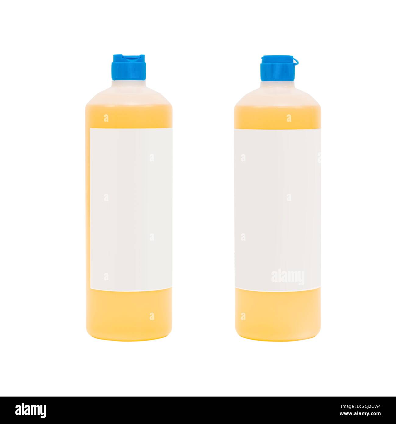 Bottiglie di plastica con etichetta bianca su sfondo bianco Foto Stock