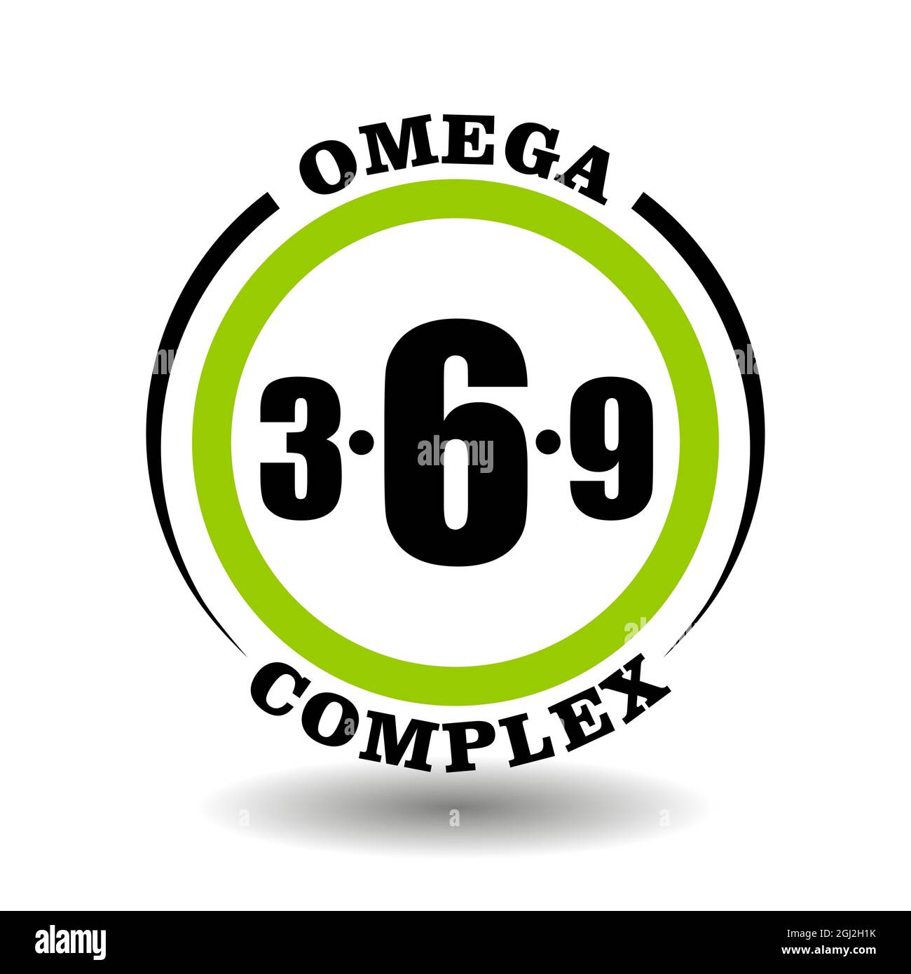 Cerchio vettore icona Omega complesso per confezione prodotto segni contengono 3, 6, 9 omega ingrediente in sano cibo pittogramma logo con olio di pesce simbolo Illustrazione Vettoriale