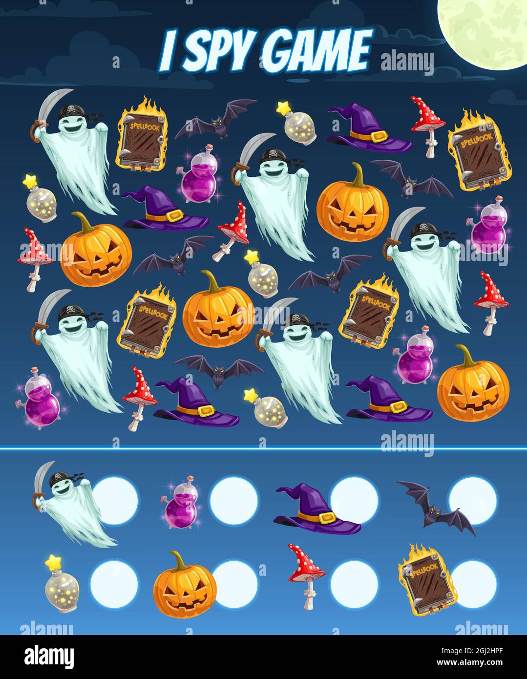 Spy gioco educativo per i bambini con personaggi e oggetti di Halloween, puzzle vettoriale. Foglio di lavoro di matematica per asilo, scuola, scuola prescolare. Sviluppo di Illustrazione Vettoriale