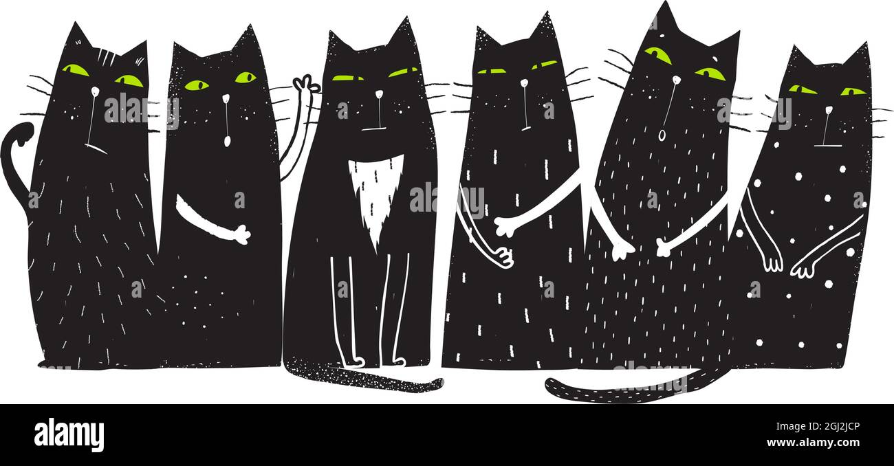 Gatti seduti Togeter in fila cute Animali domestici Design Illustrazione Vettoriale