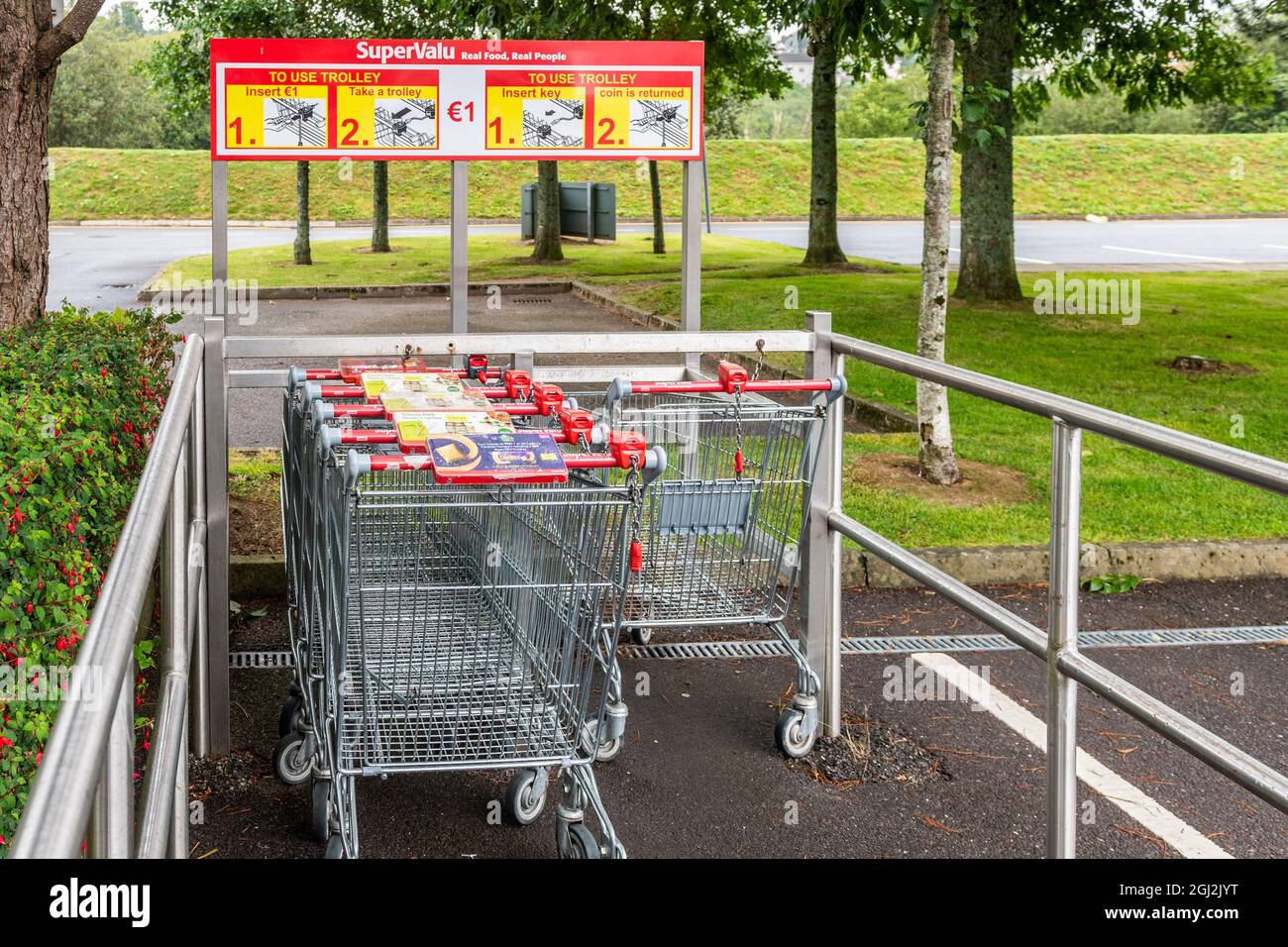 Fila di carrelli per supermercati irlandesi parcheggiati all'esterno di un supermercato in Irlanda. Foto Stock