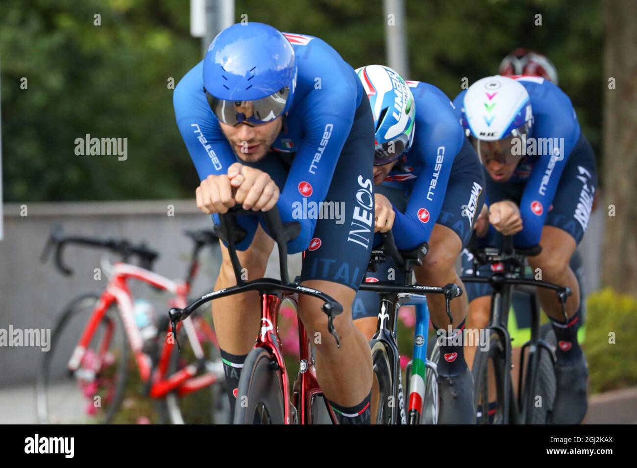 Trento, Italia. 08 settembre 2021. Matteo Sobrero, Filippo Ganna, Alessandro De marchi (ITA) durante UEC Road European Championships - Team Relay (Men/Women Team Time Trial), Street Cycling a Trento, Italia, Settembre 08 2021 Credit: Independent Photo Agency/Alamy Live News Foto Stock