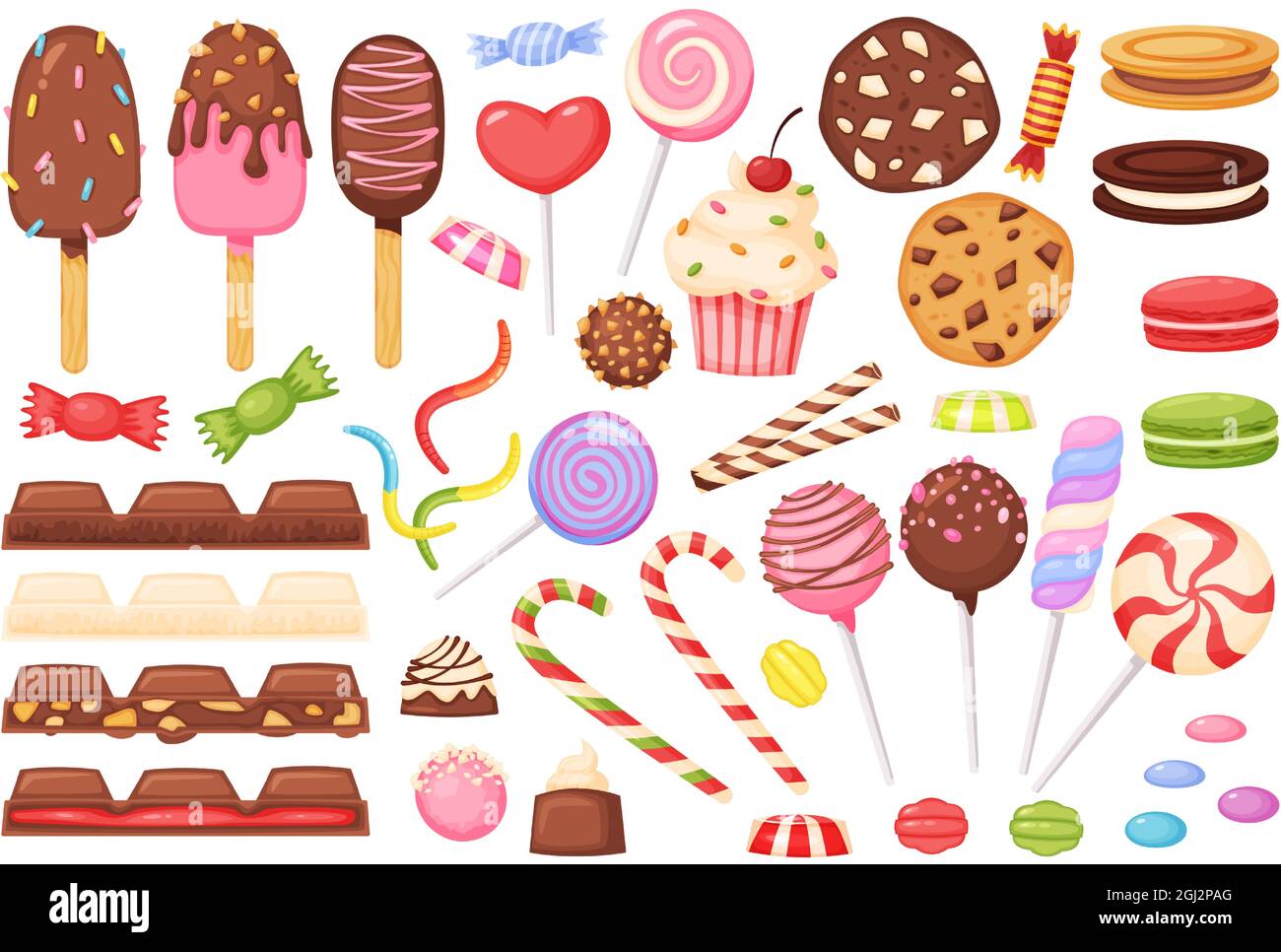 Caramelle cartoon, dolci, dessert, lecca lecca, cioccolato. Caramelle, cupcake, macaron, gelato, gelateria. Set vettore dessert dolciario dolce. Biscotti e muffin per caramelle bar isolato su bianco Illustrazione Vettoriale