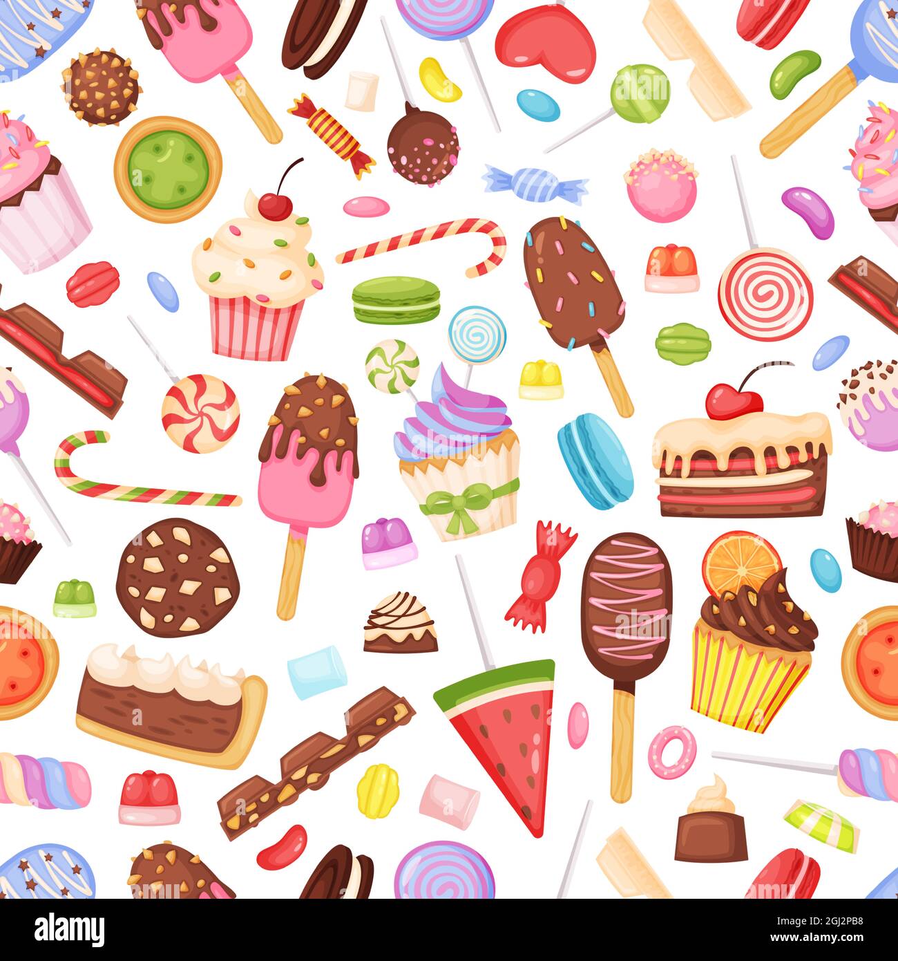 Dolci cartoon e caramelle, deliziosi dessert modello senza cuciture. Cupcake, cioccolato, lecca-lecca, gelato. Panetteria e pasticceria di fondo. Gustosi dolci e dolci per tessuti o tessuti Illustrazione Vettoriale