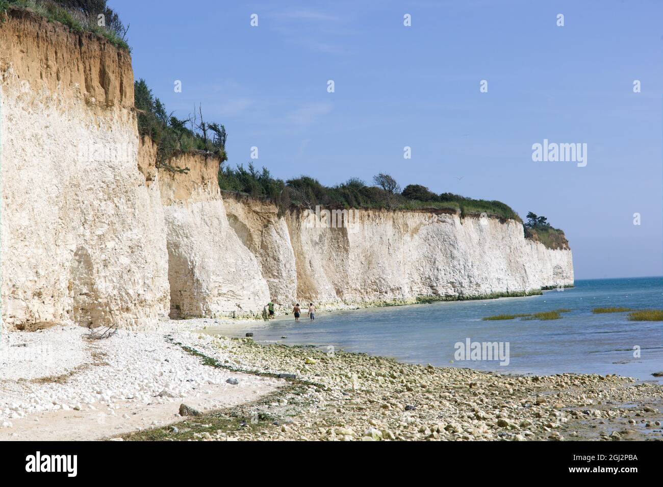 Travel Britain - Vista di Chalk Cliff faccia che risale da Paleocene e bella baia isolata a Pegwell Bay, Kent, Gran Bretagna . Foto Stock