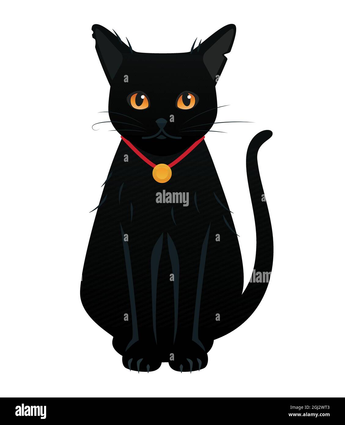 Gatto nero con occhi grandi - oggetto moderno in stile cartone animato.  L'illustrazione su sfondo bianco può essere utilizzata come icona. Animale  magico che accompagna le streghe, sorc Immagine e Vettoriale -