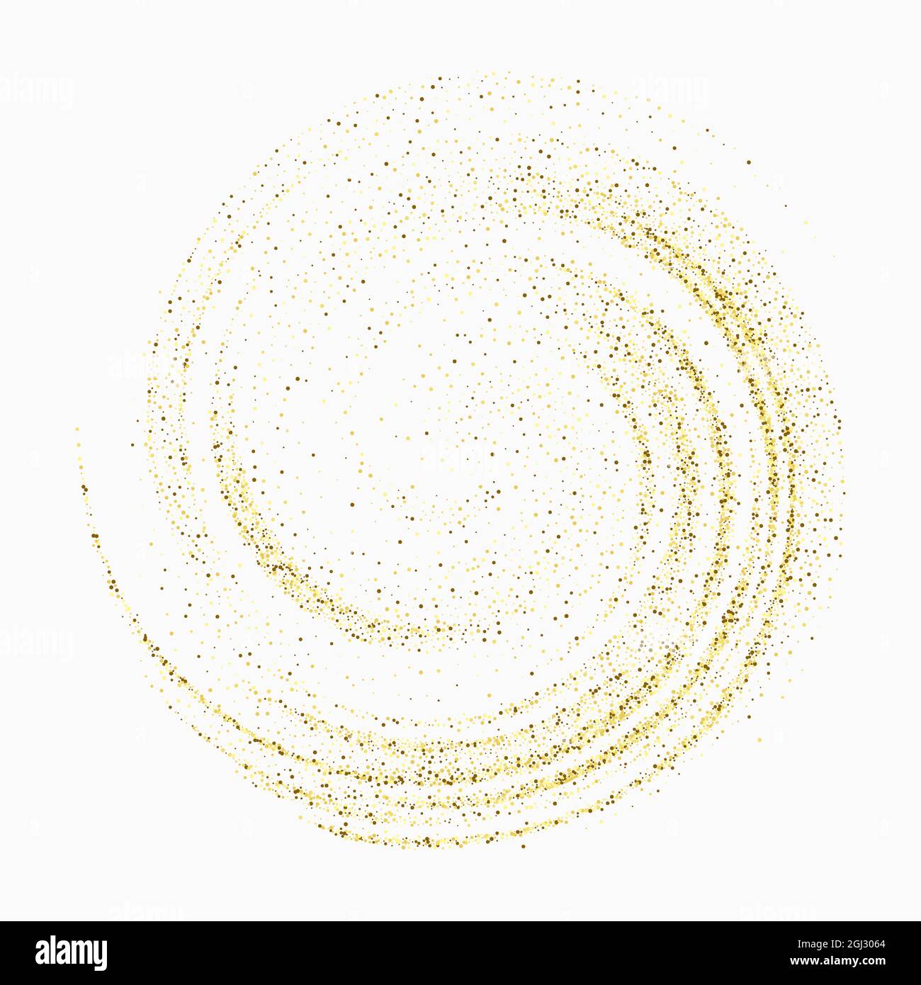 I confetti d'oro luccicano su sfondo bianco. Vortice di particelle spumanti che diffondono la consistenza. Elemento decorativo per design Illustrazione Vettoriale