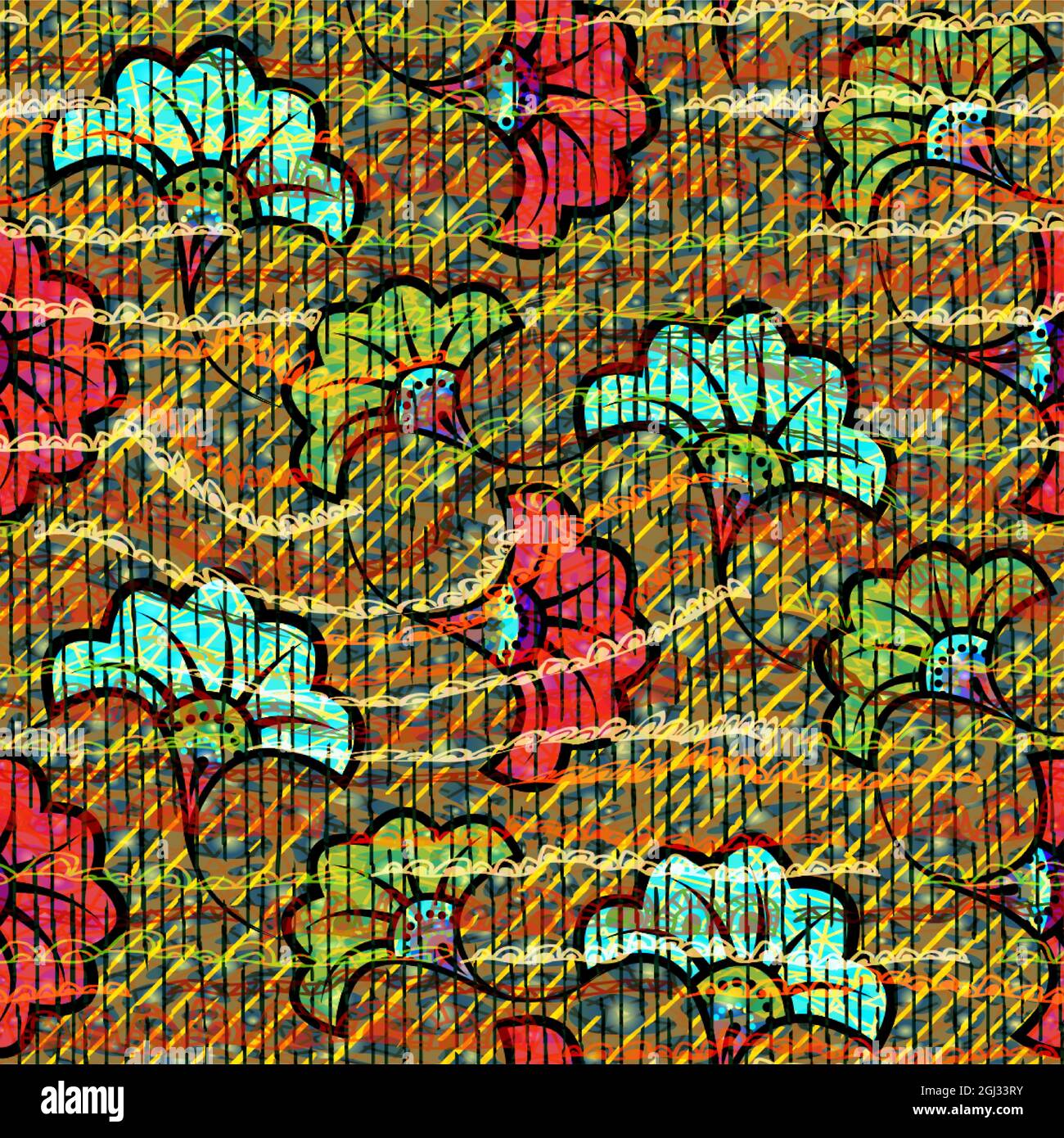 Tessuto African Wax Print, ornamento etnico fatto a mano senza cuciture design, motivi tribali motivi floreali. Tessuto vettoriale, tessuto afro-colorato Illustrazione Vettoriale