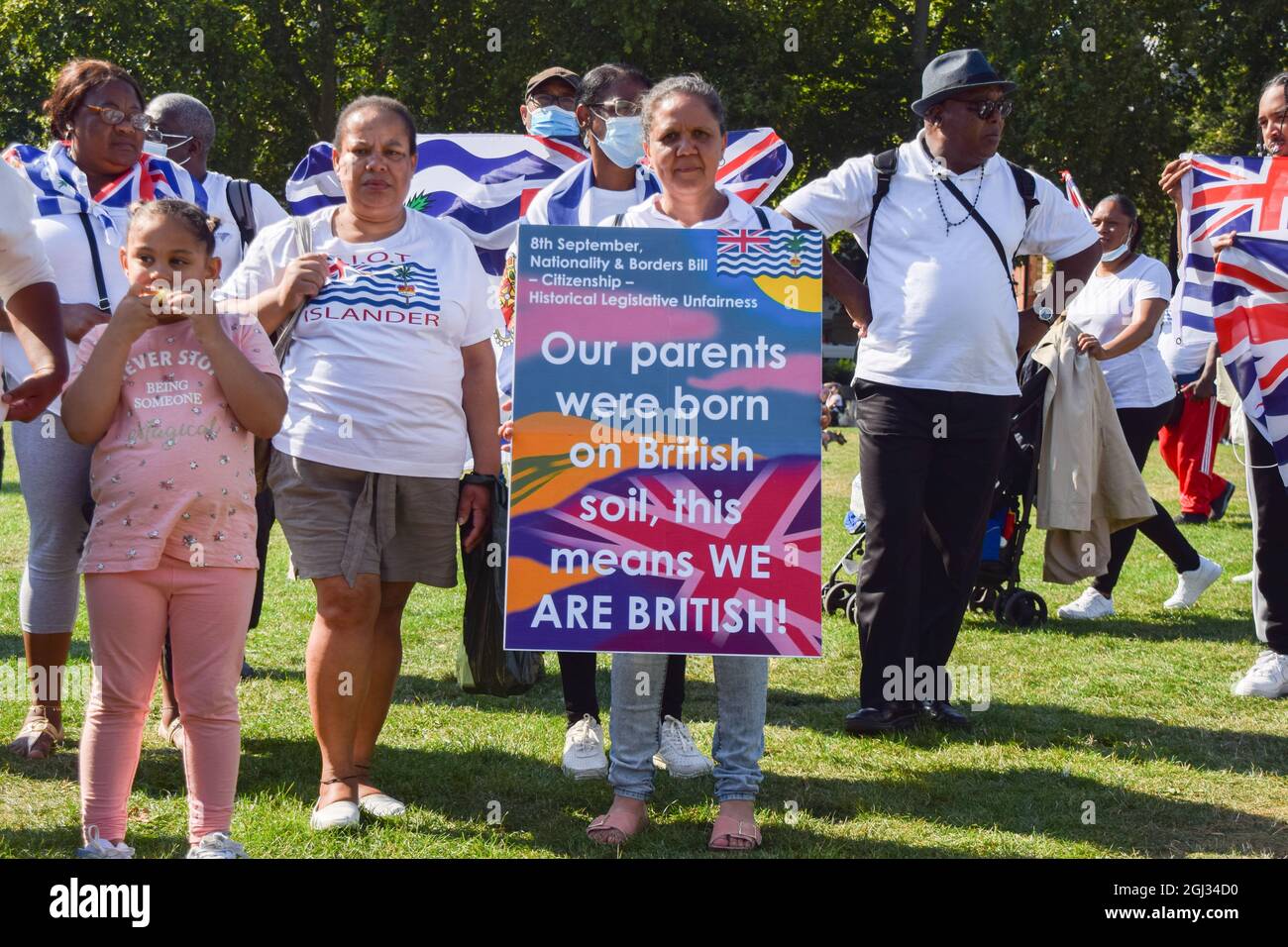 Londra, Regno Unito. 8 settembre 2021. Gli abitanti del territorio britannico dell'Oceano Indiano (BIOT) si sono riuniti in Piazza del Parlamento durante il controllo legislativo della legge sulla nazionalità e i confini. (Credit: Vuk Valcic / Alamy Live News) Foto Stock