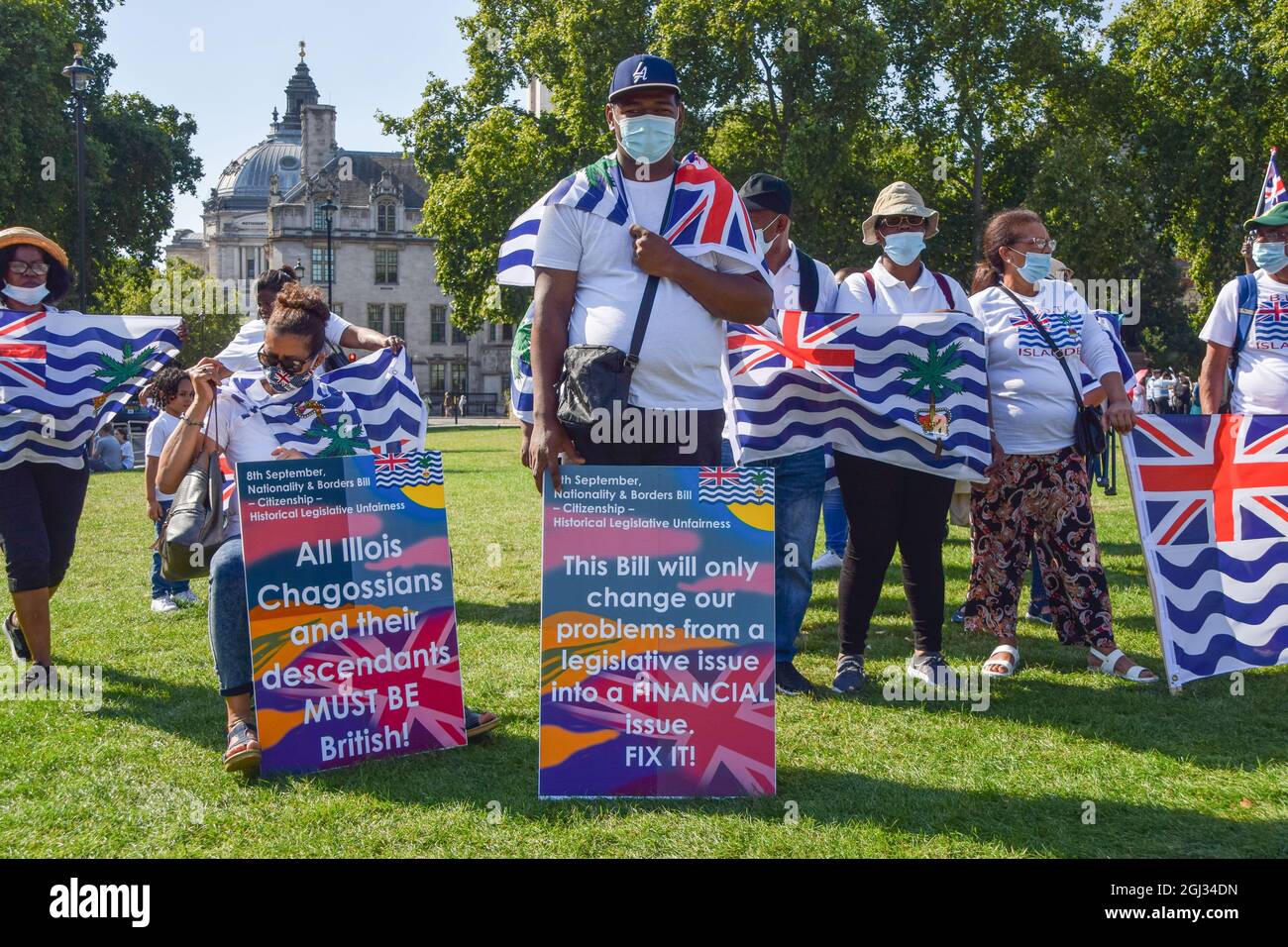 Londra, Regno Unito. 8 settembre 2021. Gli abitanti del territorio britannico dell'Oceano Indiano (BIOT) si sono riuniti in Piazza del Parlamento durante il controllo legislativo della legge sulla nazionalità e i confini. (Credit: Vuk Valcic / Alamy Live News) Foto Stock