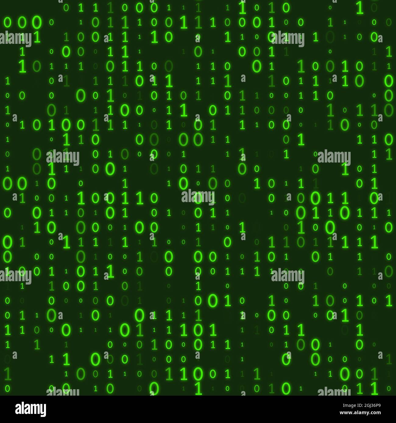 Background del codice binario della tecnologia astratta. Caos verde di zeri e di uno, alcuni pezzi mancati. Dati binari digitali instabili e concetto di sicurezza dei dati Foto Stock