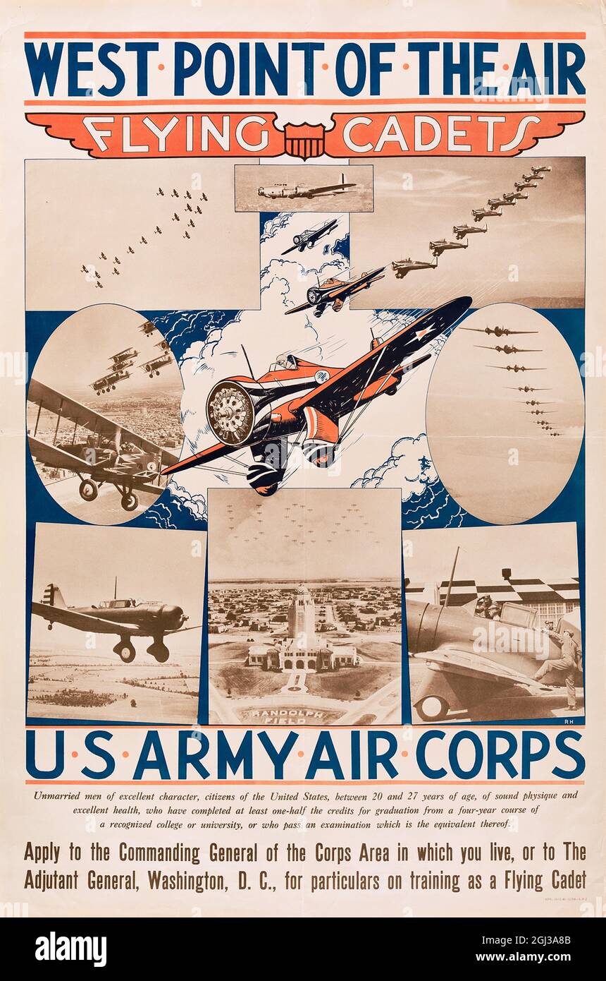 Fare clic sul poster dell'elenco dei corpi aerei dell'esercito americano vintage - 'West Point of the Air' WWII Foto Stock