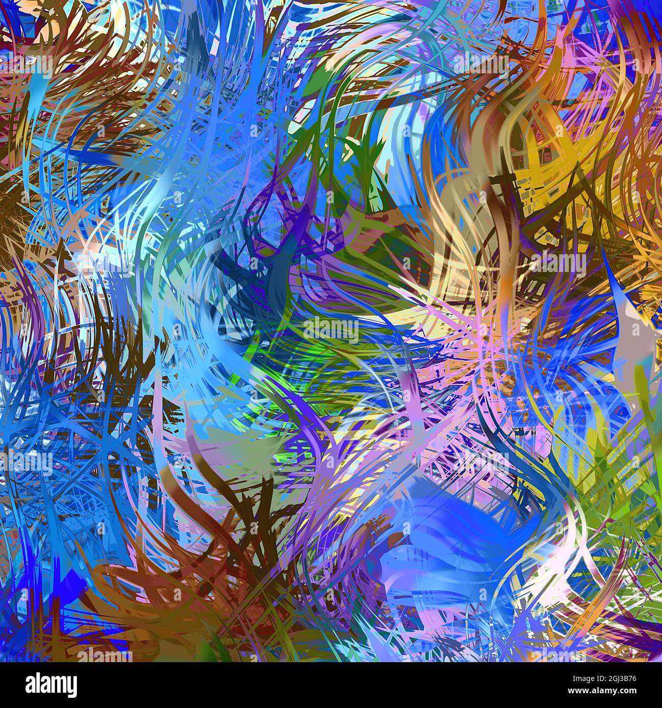 Vortici e loop astratti pittorici colorati, pittura digitale multicolore impressionante. Tonalità blu chiaro vivide, arte digitale moderna Foto Stock