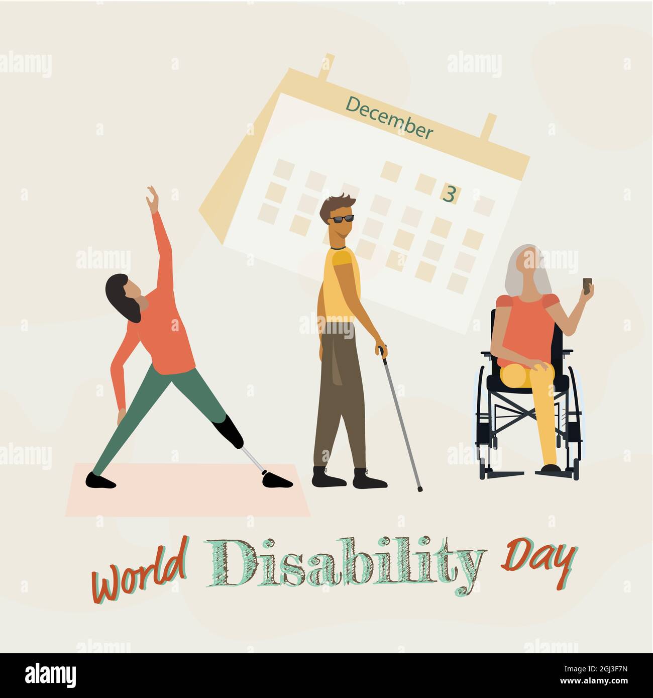 3 dicembre. Calendario e disabili, Giornata Internazionale delle persone con disabilità .Illustrazione vettoriale. Foto Stock