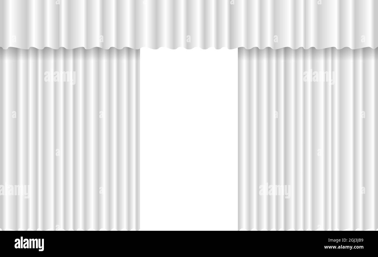 Aperto di lusso bianco ondulato tenda sfondo palcoscenico. Cerimonia di apertura del grande teatro all'aperto con tele in tessuto di velluto. Vector Theatre cinema premiere presentazione drappeggio illustrazione. EPS Illustrazione Vettoriale