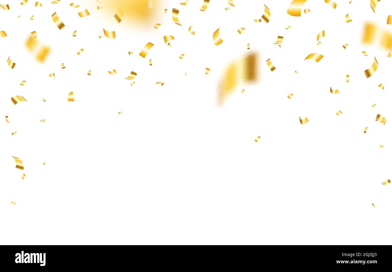 Confetti su sfondo bianco. Confetti di Natale realistici. Caduta di elementi gialli. Tinsel volante lucido. Modello anniversario per la scheda. Vettore Illustrazione Vettoriale