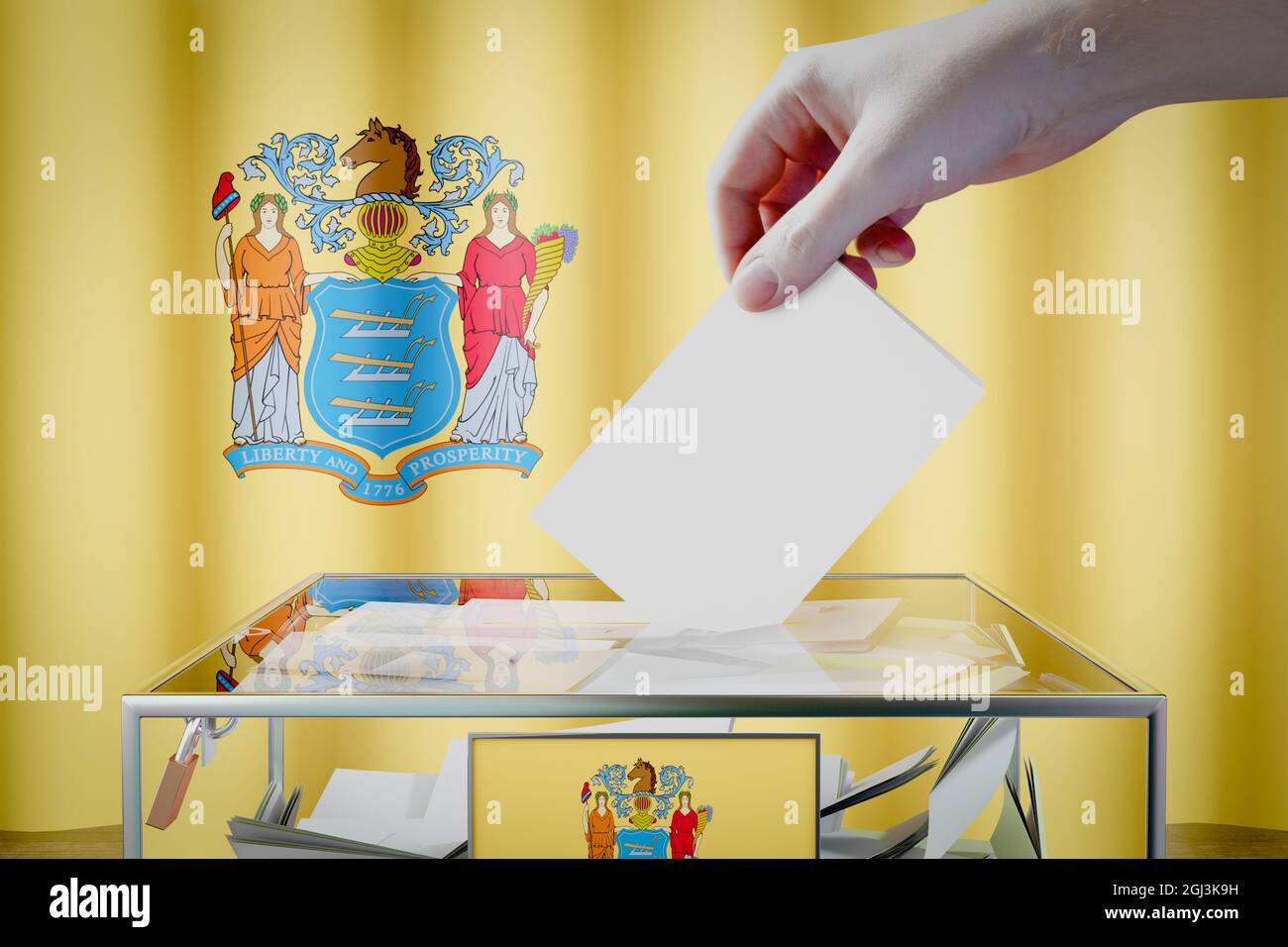 Bandiera del New Jersey, mano che cade la scheda di voto in una scatola - voto, concetto di elezione - illustrazione 3D Foto Stock