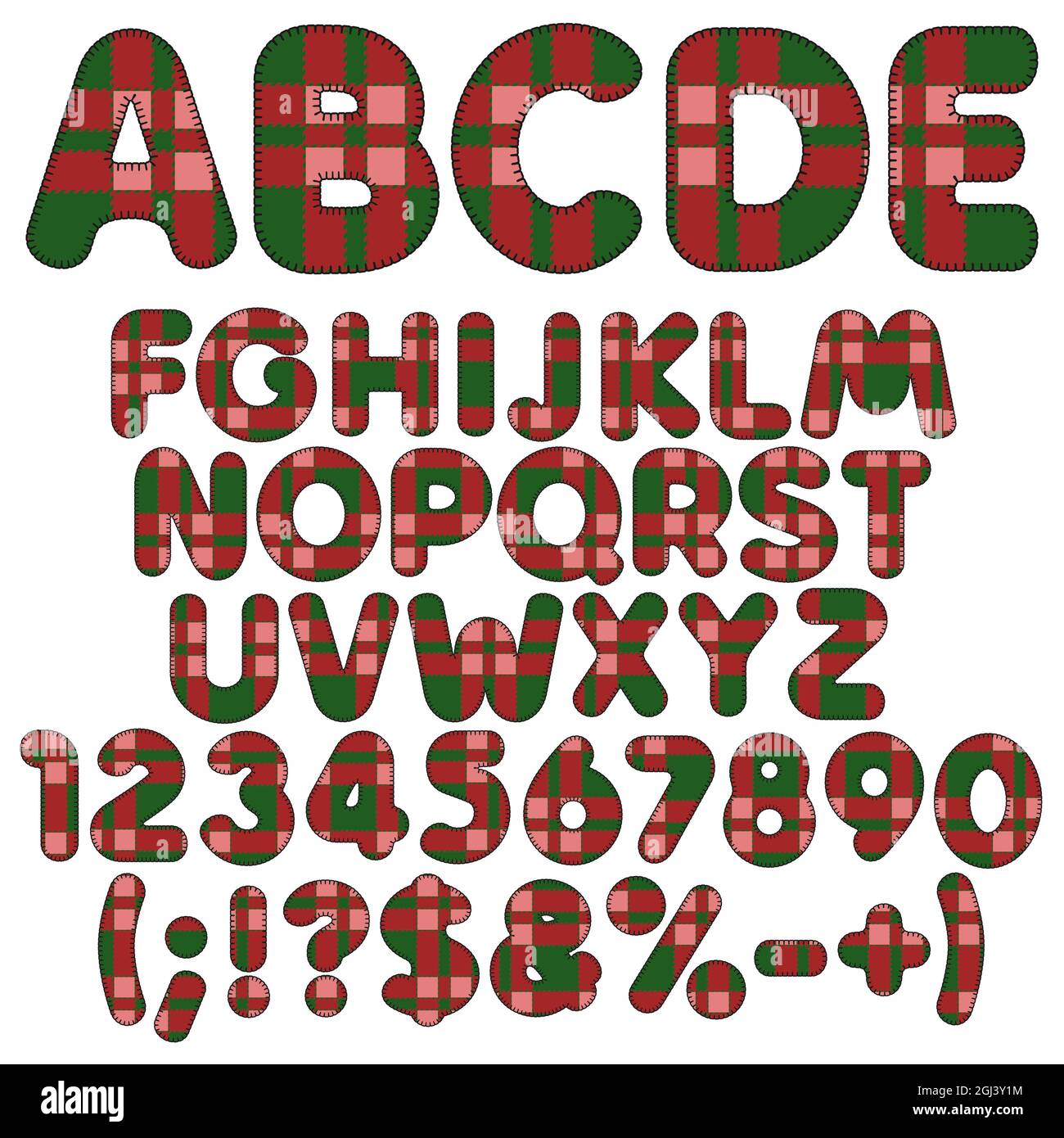 Lettere, numeri e segni di tessuto in feltro tartan. Oggetti colorati vettoriali isolati su sfondo bianco. Illustrazione Vettoriale