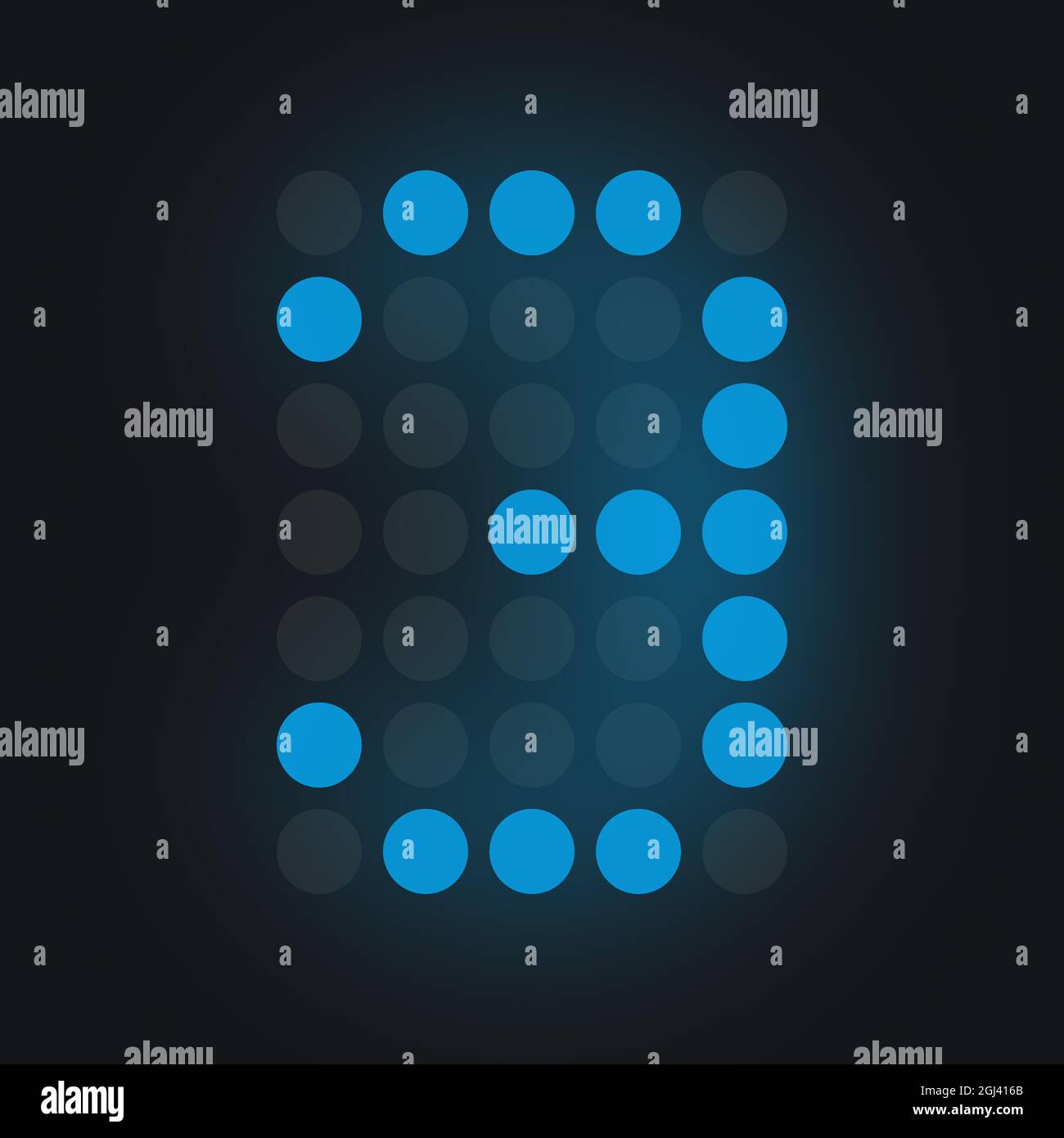 Display digitale numerico elettronico: Numero digitale TRE in blu su sfondo nero, LED acceso che illumina lo sfondo Foto Stock