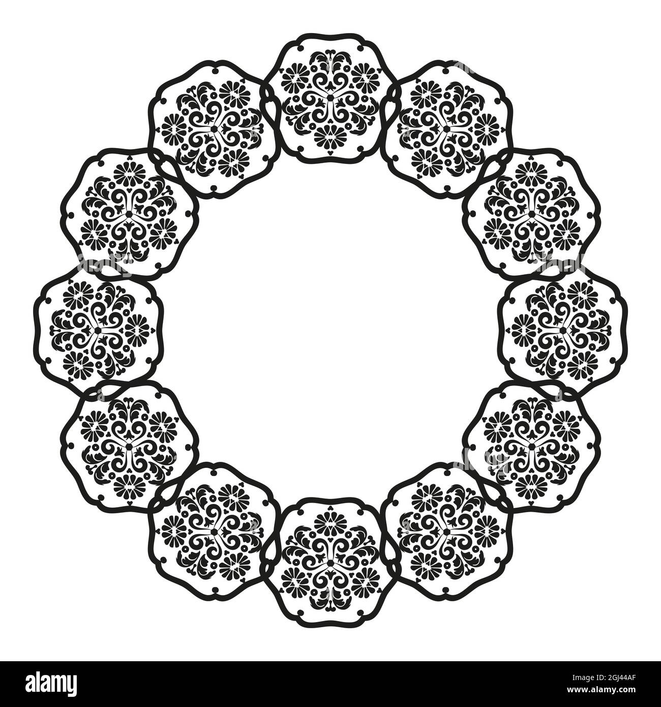 Mandala frame.for la progettazione di cornici, menu, inviti di nozze o etichette, per il taglio laser, la creazione di modelli in legno, marquesia. Digitale Illustrazione Vettoriale