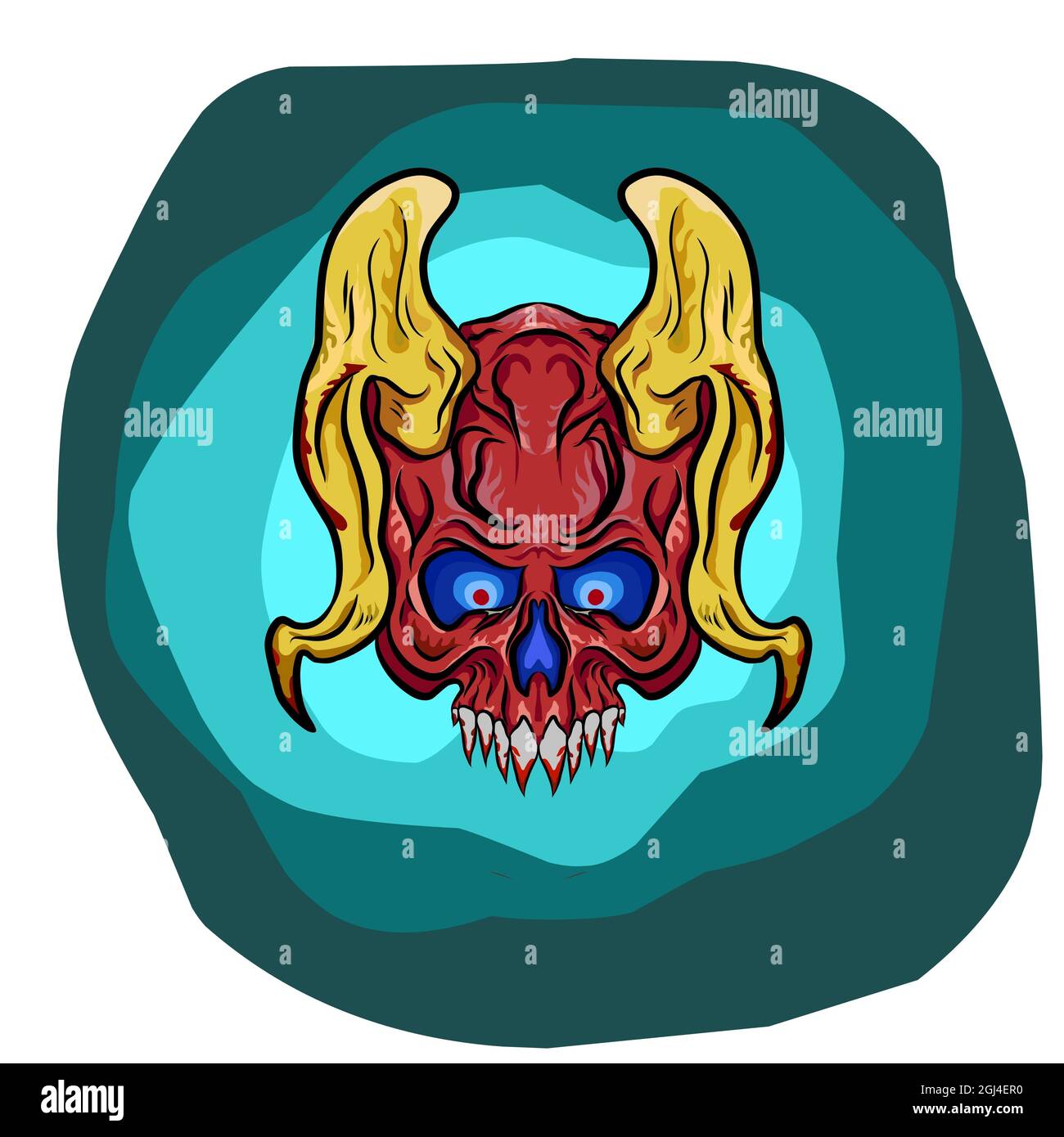 Illustrazione di un cranio rosso con corna su sfondo bianco Foto Stock