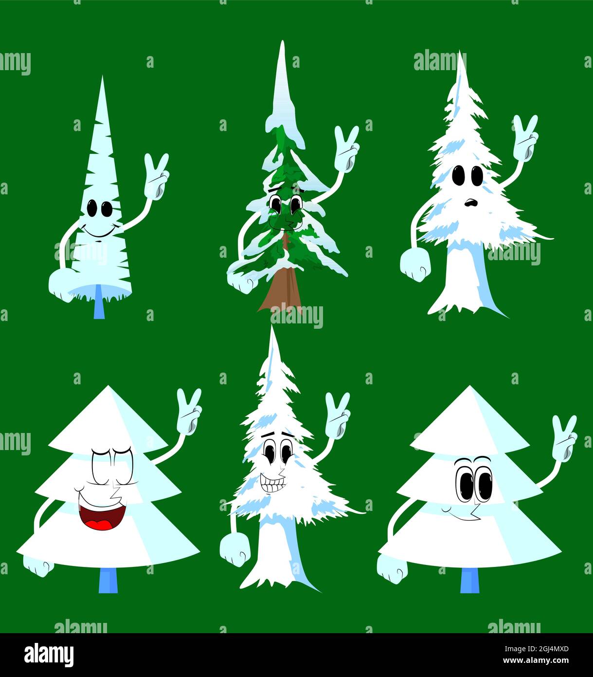 Cartoni animati di pino invernale con facce che mostrano il segno V, gesto di mano di pace. Alberi di foresta carini. Neve sul personaggio cartoon pino, divertente vettore di vacanza i Illustrazione Vettoriale