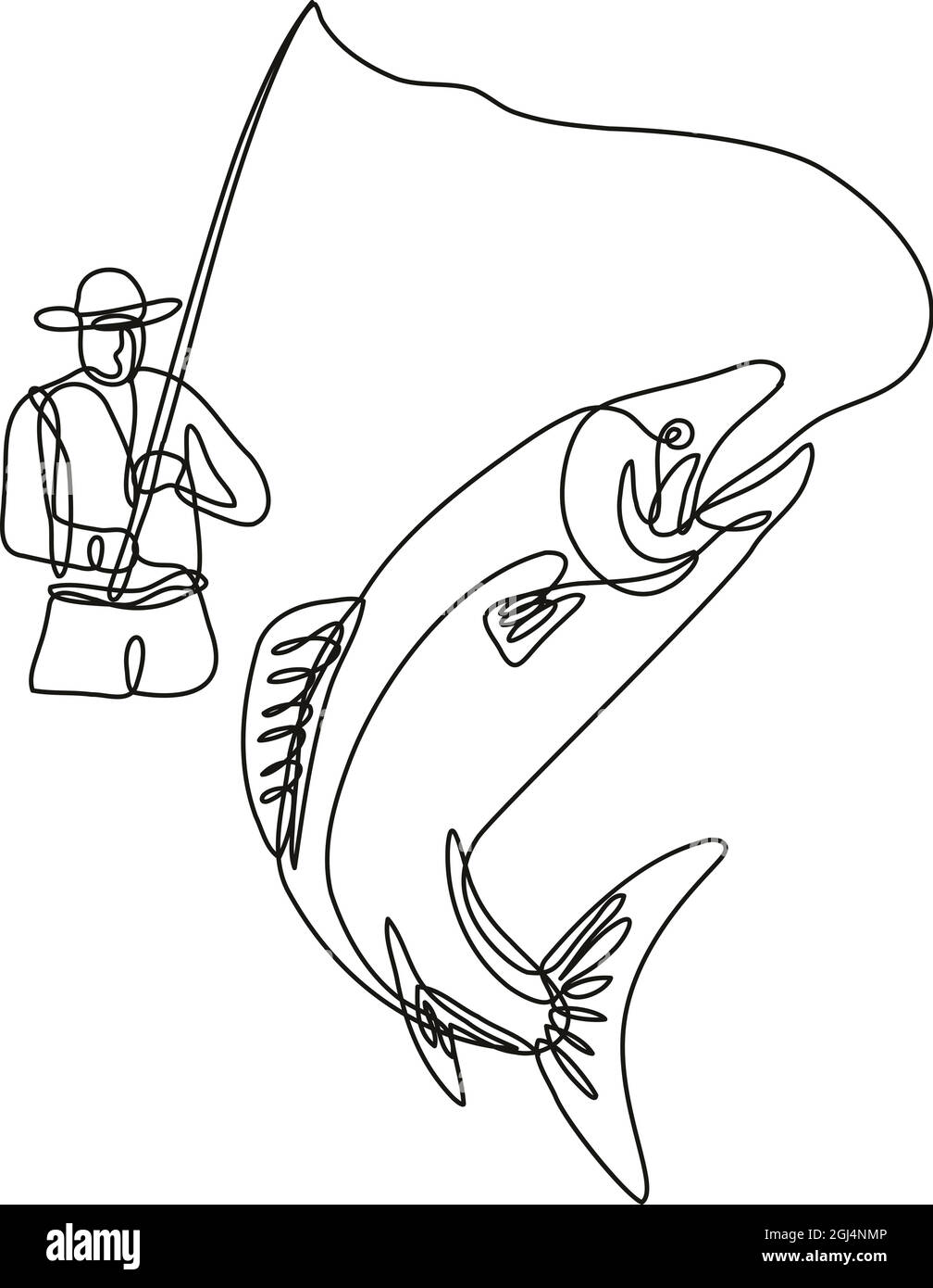 Illustrazione di disegno di linea continua di un pescatore del mosca che cattura la trota del lago di salto fatta in mono linea o stile di doodle in nero e bianco su b isolato Illustrazione Vettoriale