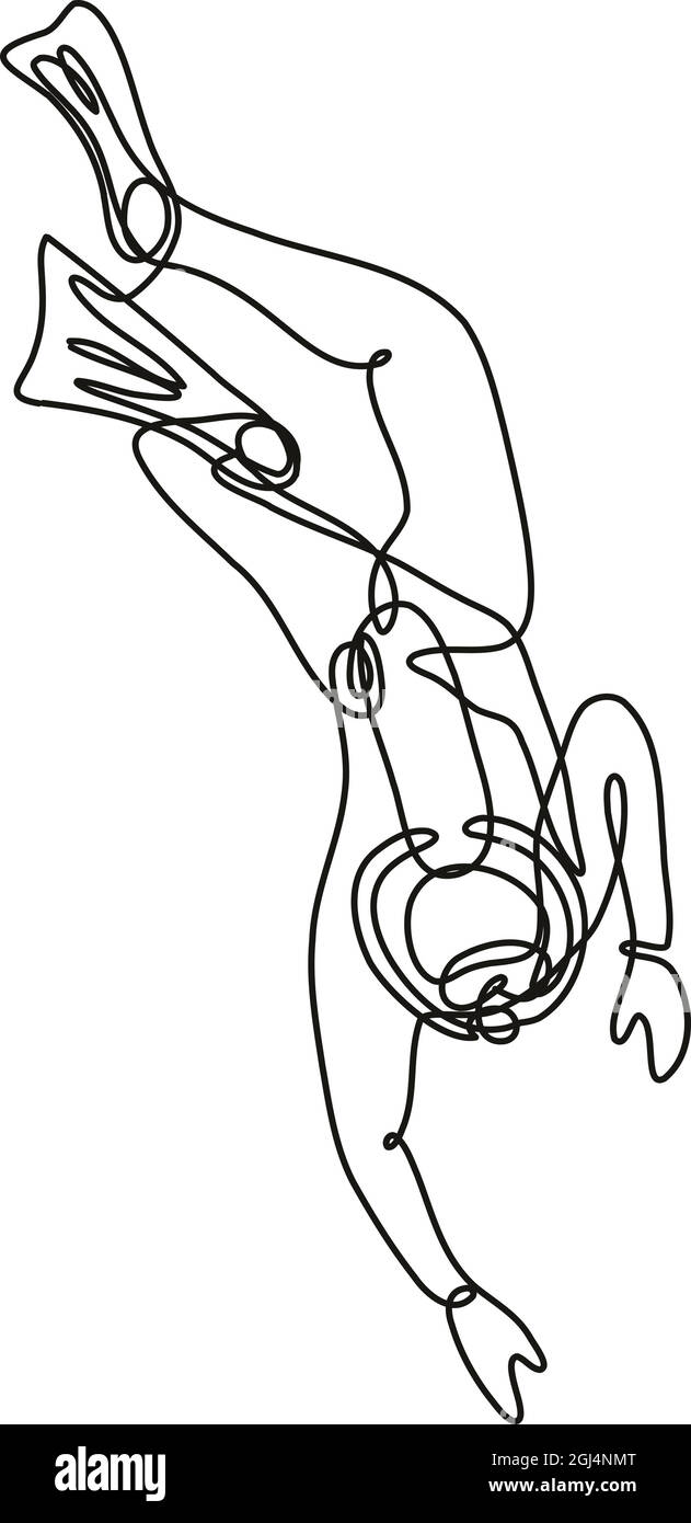 Illustrazione di un subacqueo in linea continua che si tuffa in linea singola o in stile doodle in bianco e nero su sfondo isolato. Illustrazione Vettoriale