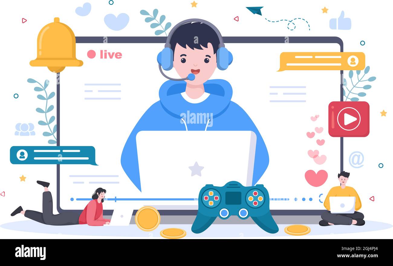 Video Game Blogger Content Creator sfondo con l'uomo utilizzare cuffie fare video online o giocare e fare streaming dal vivo. Disegno piatto Vector Illus Illustrazione Vettoriale