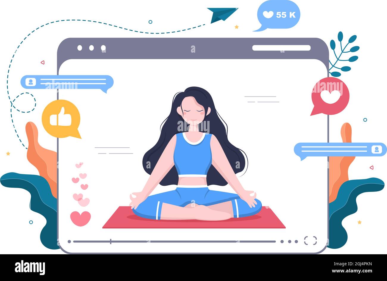 Fitness Blogger on Yoga Content Creator sfondo registrazione Online Video classi di Sport Esercizi e prendere corpo cura. Illustrazione del vettore di progetto piatto Illustrazione Vettoriale