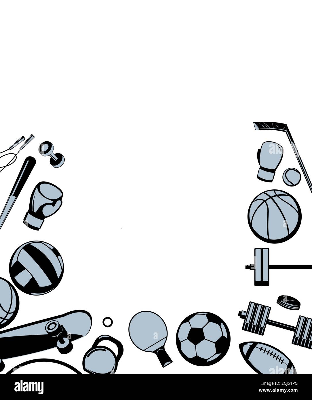 Attrezzature sportive per atleti. Set di attrezzi. Isolato su sfondo bianco. Telaio verticale. Vettore di illustrazione monocromatico. Illustrazione Vettoriale