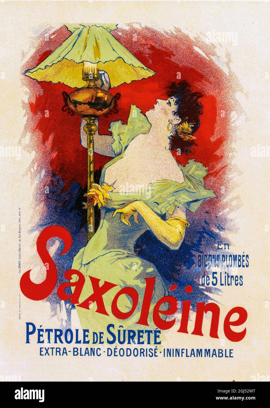Poster Pubblicità olio di paraffina sassoleina di Jules Chéret, 1895. Il design mostra una donna giovane e attraente che tiene una lampada Aloft, la sua luce brillante che illumina il suo abito. „Petrole de Surete“ Foto Stock