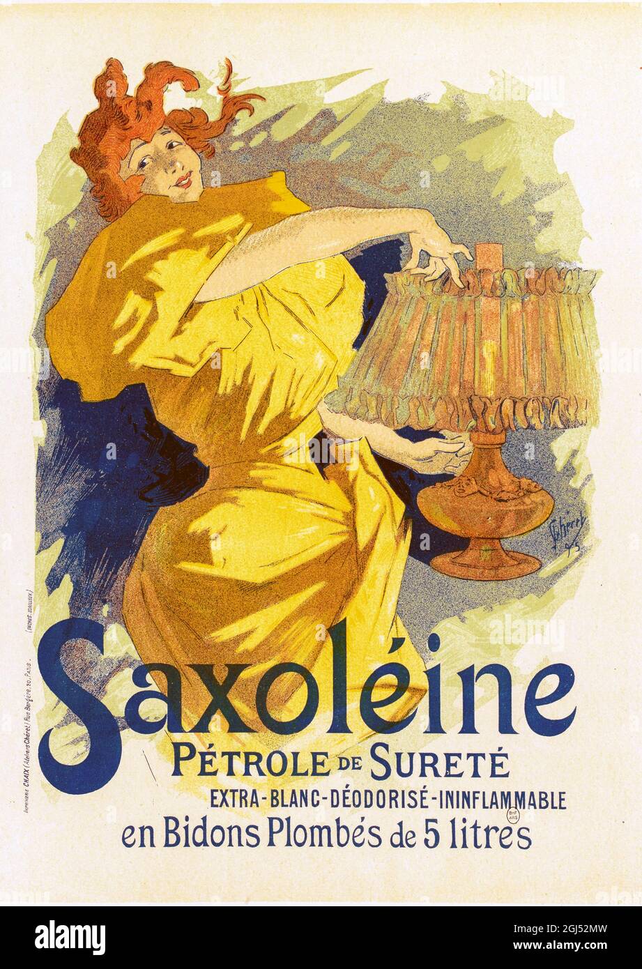 Poster Pubblicità olio di paraffina sassoleina di Jules Chéret, 1895. Il design mostra una donna giovane e attraente che tiene una lampada Aloft, la sua luce brillante che illumina il suo abito. „Petrole de Surete“ Foto Stock