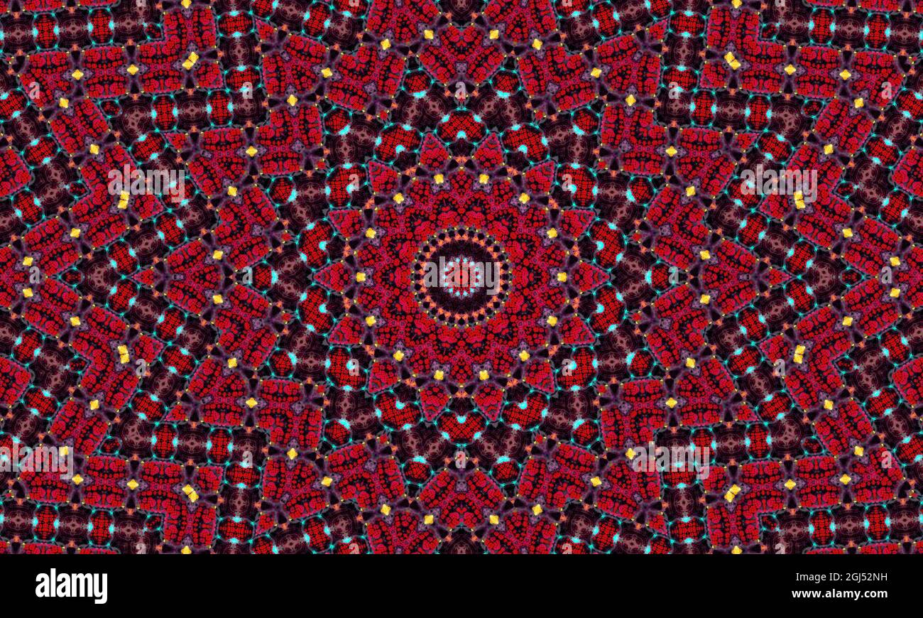 Sfondo astratto caleidoscopio. Splendido caleidoscopio senza cuciture. Tessitura colorata del mosaico. Texture caleidoscopio senza cuciture. Foto Stock