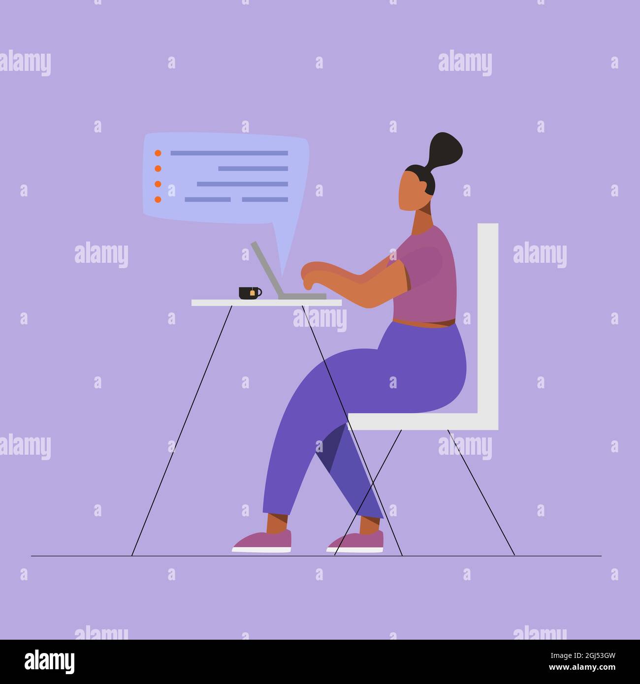 Illustrazione del disegno vettoriale della donna che lavora sul suo laptop Illustrazione Vettoriale