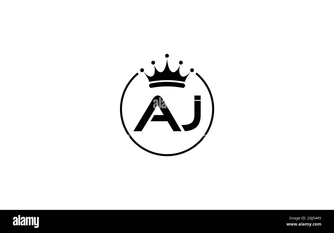 Semplice e creativo logo corona d'oro e design di simboli di lettere e alfabeti AJ con cerchio e corona d'oro Foto Stock