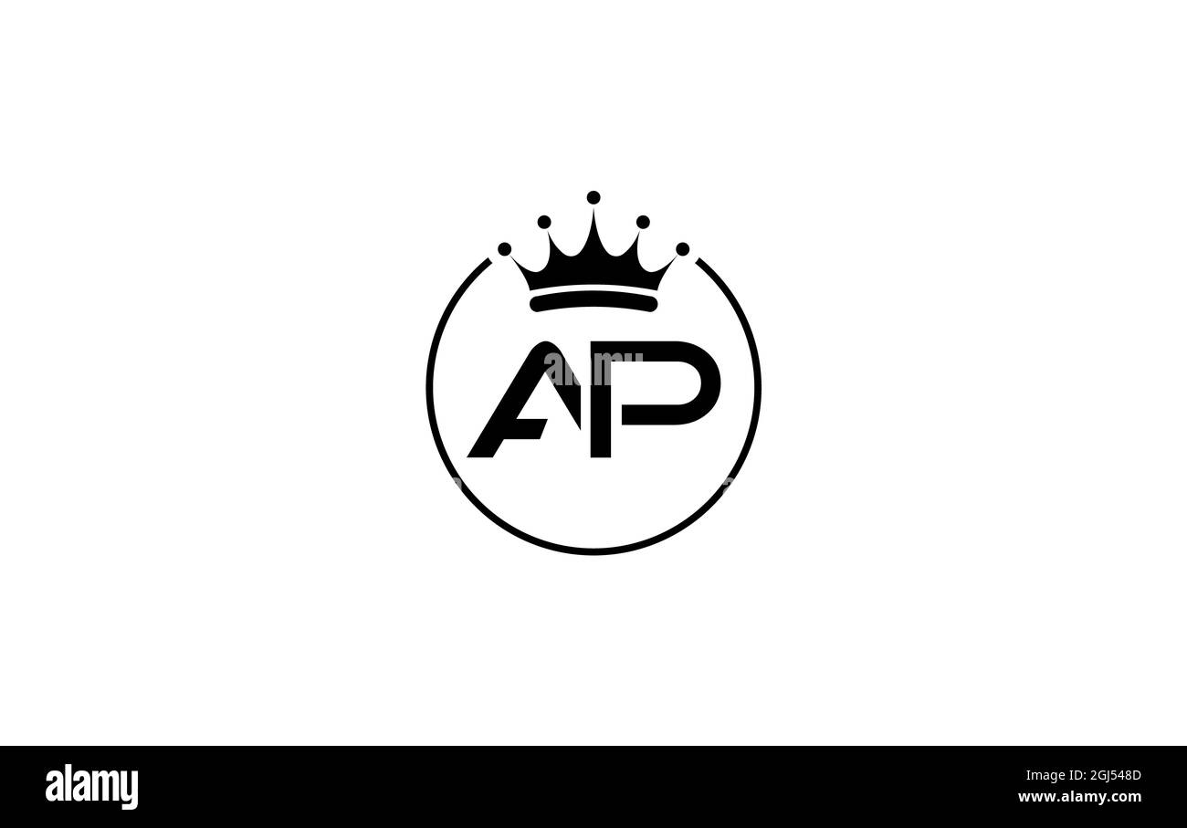 Semplice e creativo logo a corona d'oro e design di simboli con lettere AP e alfabeti con cerchio e corona d'oro Foto Stock