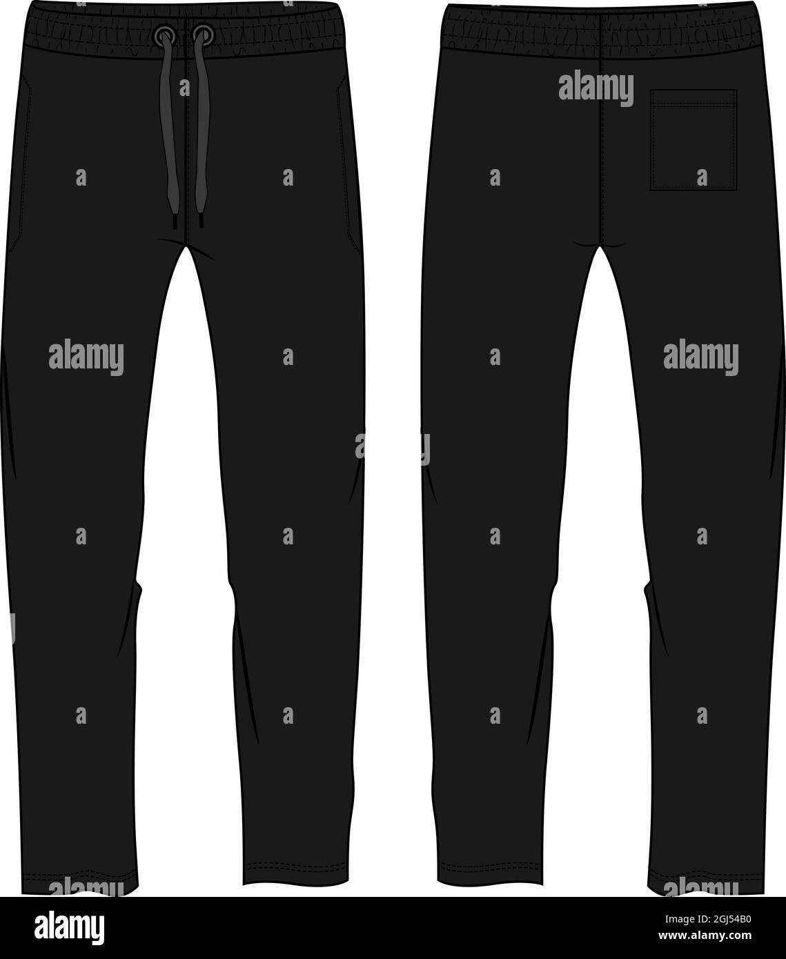 Disegno di illustrazione vettoriale dei pantaloni sudoripi. Disegni tecnici di moda piatta. Modello di abbigliamento da jogging pant sketch colore nero Mock up Front, Back views. Illustrazione Vettoriale