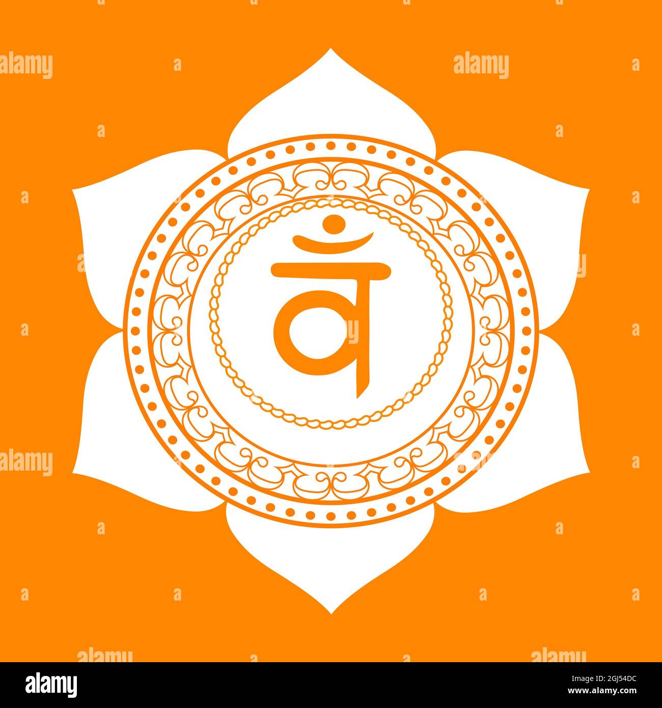 Il secondo chakra Swadhisthana con il Mantra seme Hindu Sanscrito VAM . L'arancione è un simbolo di stile piatto per la meditazione, yoga.Illustration Foto Stock