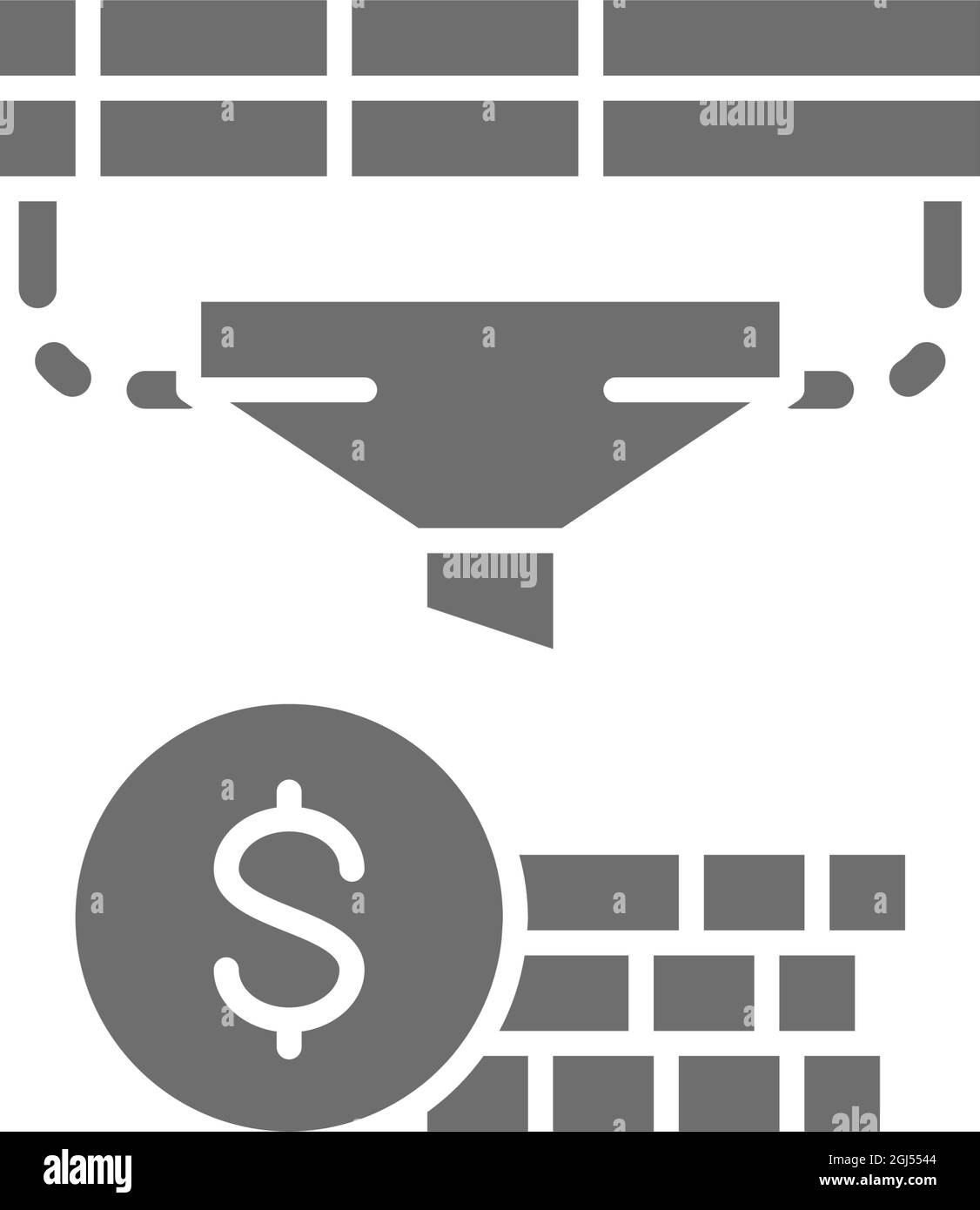 Imbuto con denaro, conversione finanziaria, ottimizzazione reddito icona grigia. Illustrazione Vettoriale