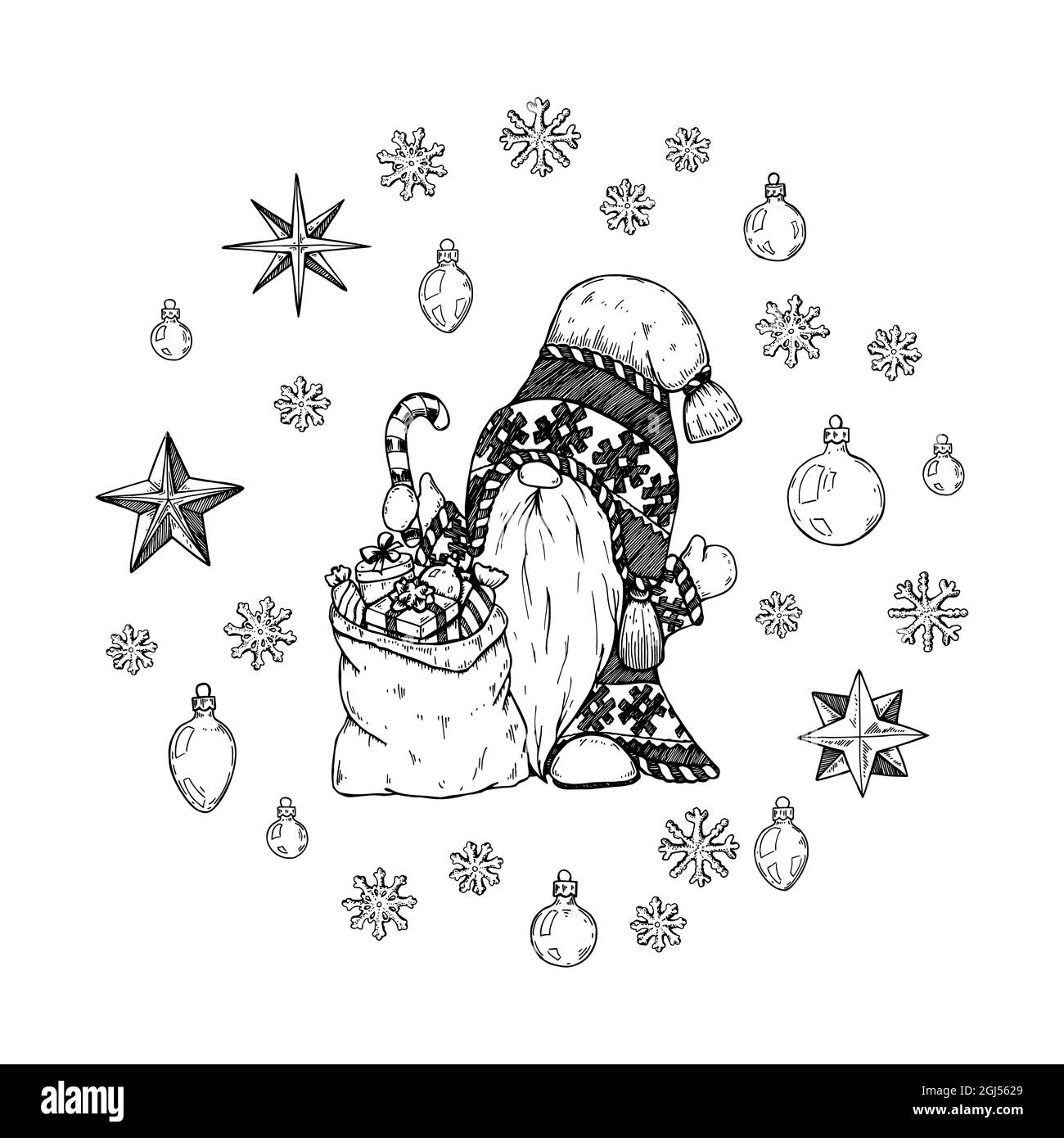Gnome e borsa natalizi disegnati a mano con regali e fiocchi di neve. Illustrazione vettoriale in stile di schizzo Illustrazione Vettoriale