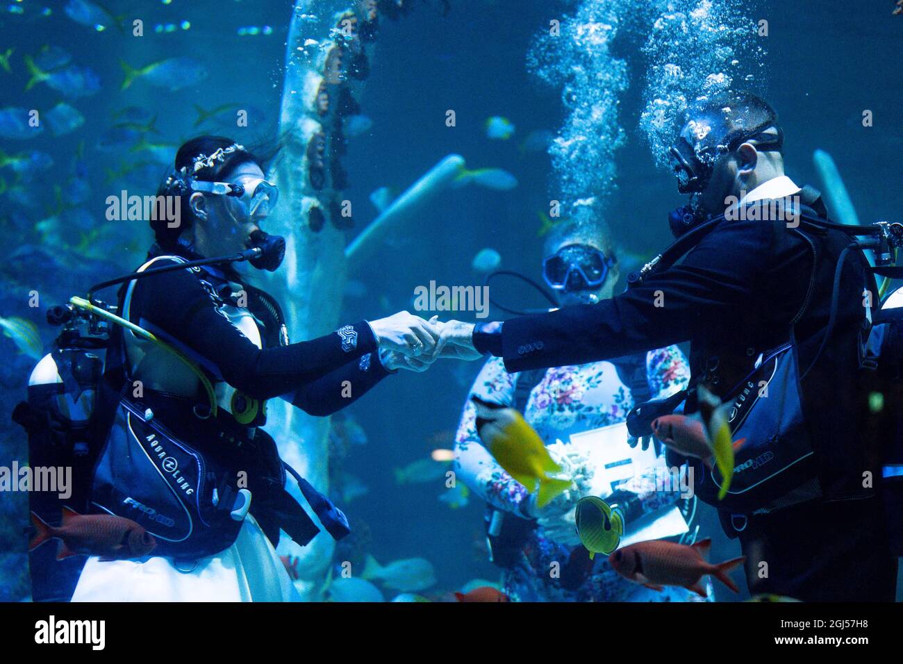 La sposa Lisa Huggins si prepara a scambiare gli anelli di nozze con Chris Jackson durante la loro cerimonia nuziale subacquea all'avventura del Bear Grylls, Birmingham. I fan delle immersioni erano dovuti sposarsi all'estero ma i loro piani erano scupati durante Covid, e cercavano un'alternativa unica. Data foto: Mercoledì 8 settembre 2021. Foto Stock