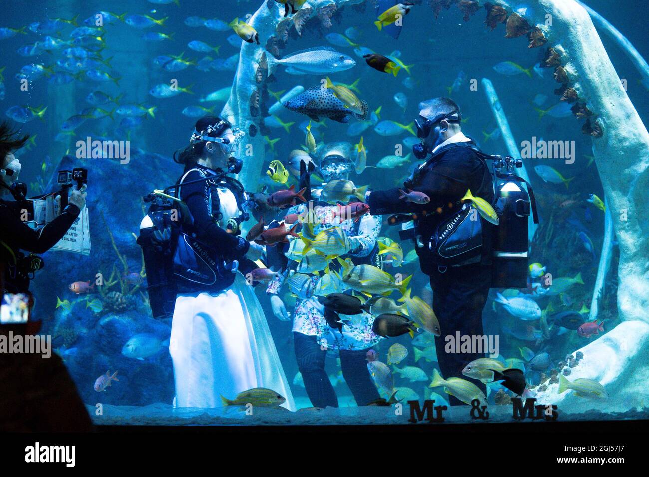 Lo sposo Chris Jackson si prepara a scambiare gli anelli di nozze con la sposa Lisa Huggins durante la loro cerimonia nuziale subacquea all'avventura di Grylls del Bear, Birmingham. I fan delle immersioni erano dovuti sposarsi all'estero ma i loro piani erano scupati durante Covid, e cercavano un'alternativa unica. Data foto: Mercoledì 8 settembre 2021. Foto Stock