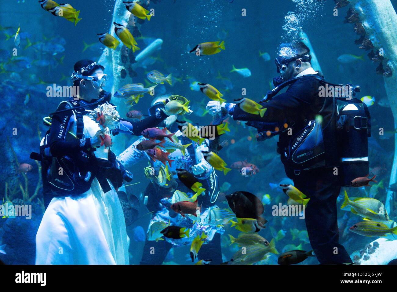 Lo sposo Chris Jackson si prepara a scambiare gli anelli di nozze con la sposa Lisa Huggins durante la loro cerimonia nuziale subacquea all'avventura di Grylls del Bear, Birmingham. I fan delle immersioni erano dovuti sposarsi all'estero ma i loro piani erano scupati durante Covid, e cercavano un'alternativa unica. Data foto: Mercoledì 8 settembre 2021. Foto Stock