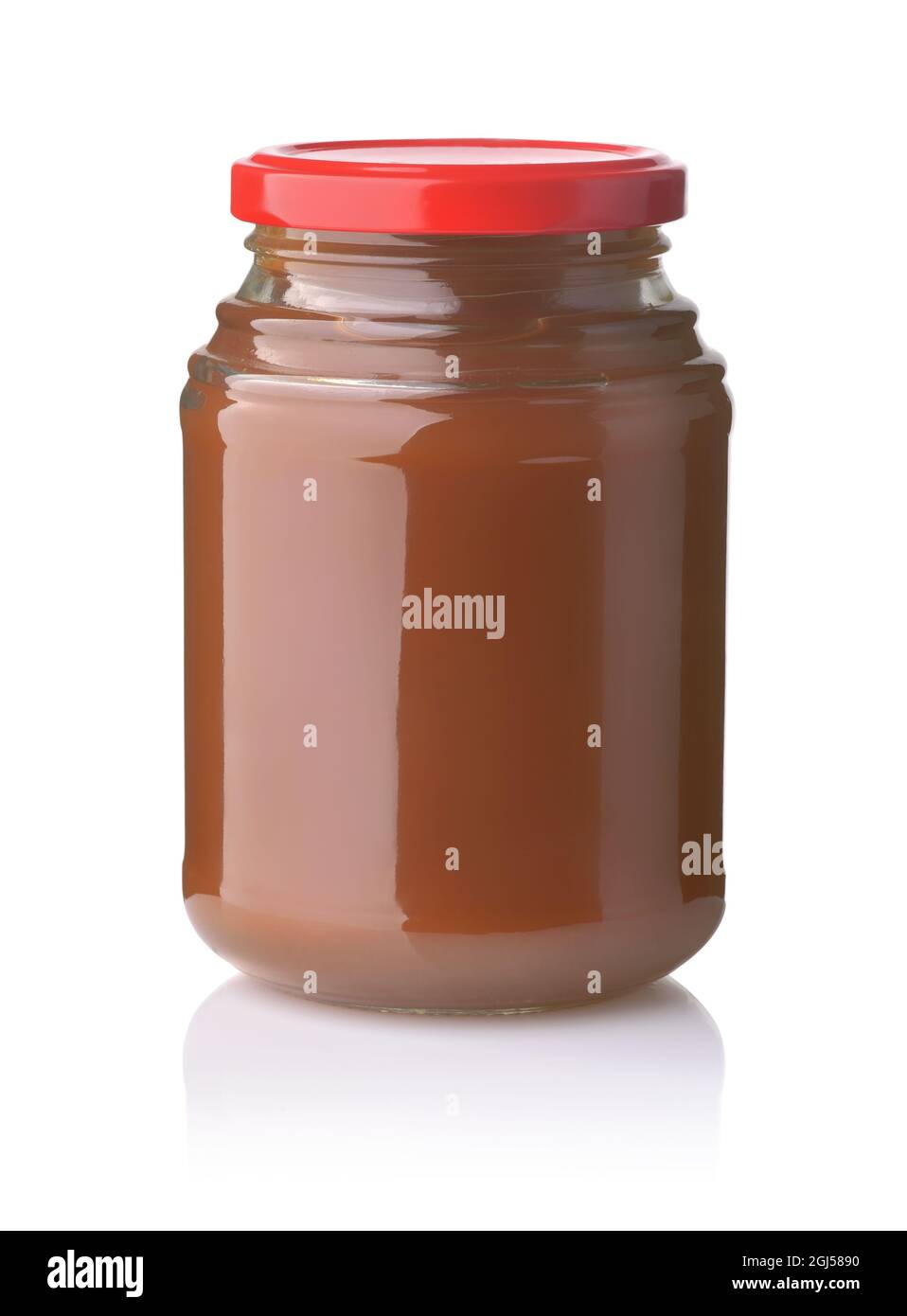 Vaso di vetro di burro di mela isolato su bianco Foto Stock